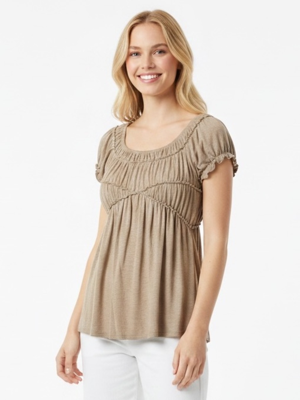 Max Studio Grecian Boho Taupe Mocked Ruched Tee Top